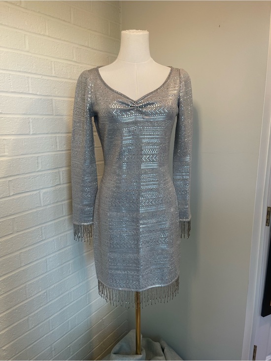 St. John Dresses & Skirts - St. John Couture Silver Metallic Knit Fringe Cocktail Dress Size 2